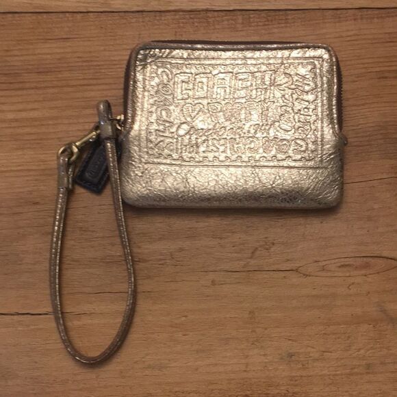 Coach Poppy Compact Square Wristlet Gold Metallic Leather Case Pouch Y2K - Picture 1 of 16